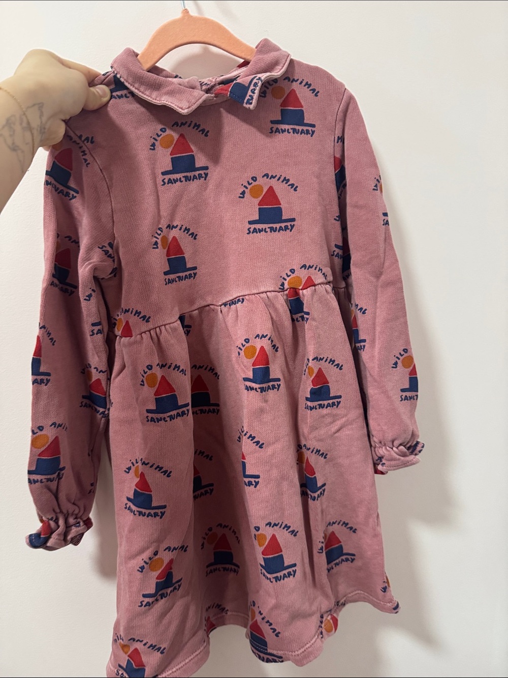Girls' Long-Sleeve Dusty Pink Graphic Cotton Dress